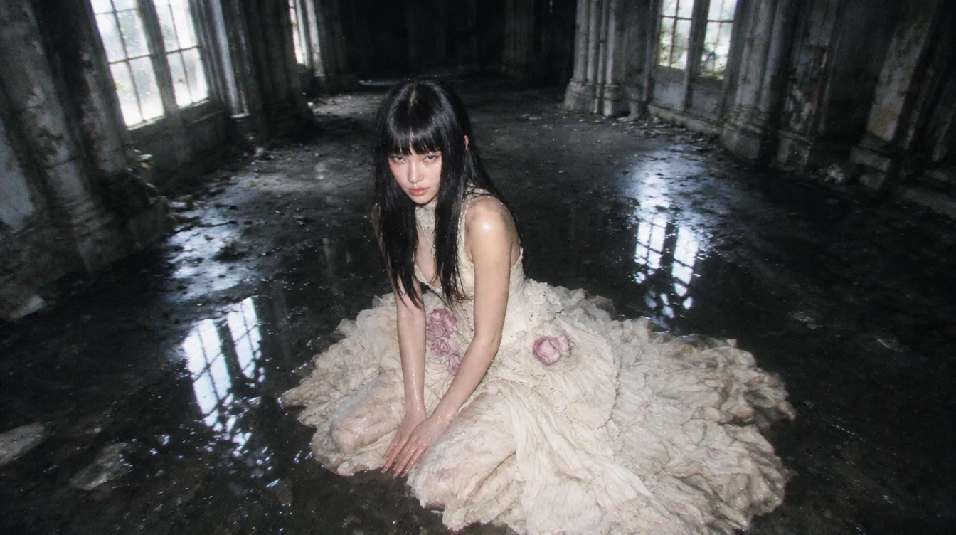Seen from above: the gown spread across the wet black floor