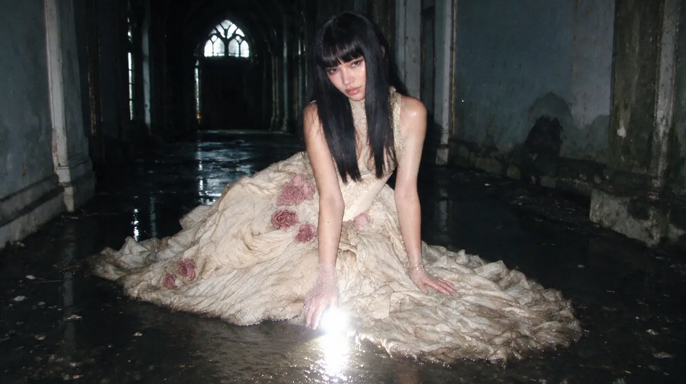 Kneeling in the flooded hall, her hand touches a point of light on the water