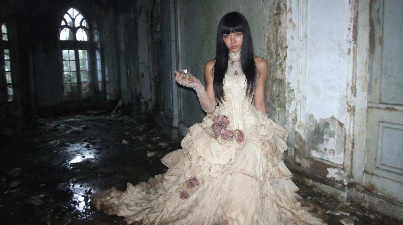 Against a peeling wall, she holds a small flacon